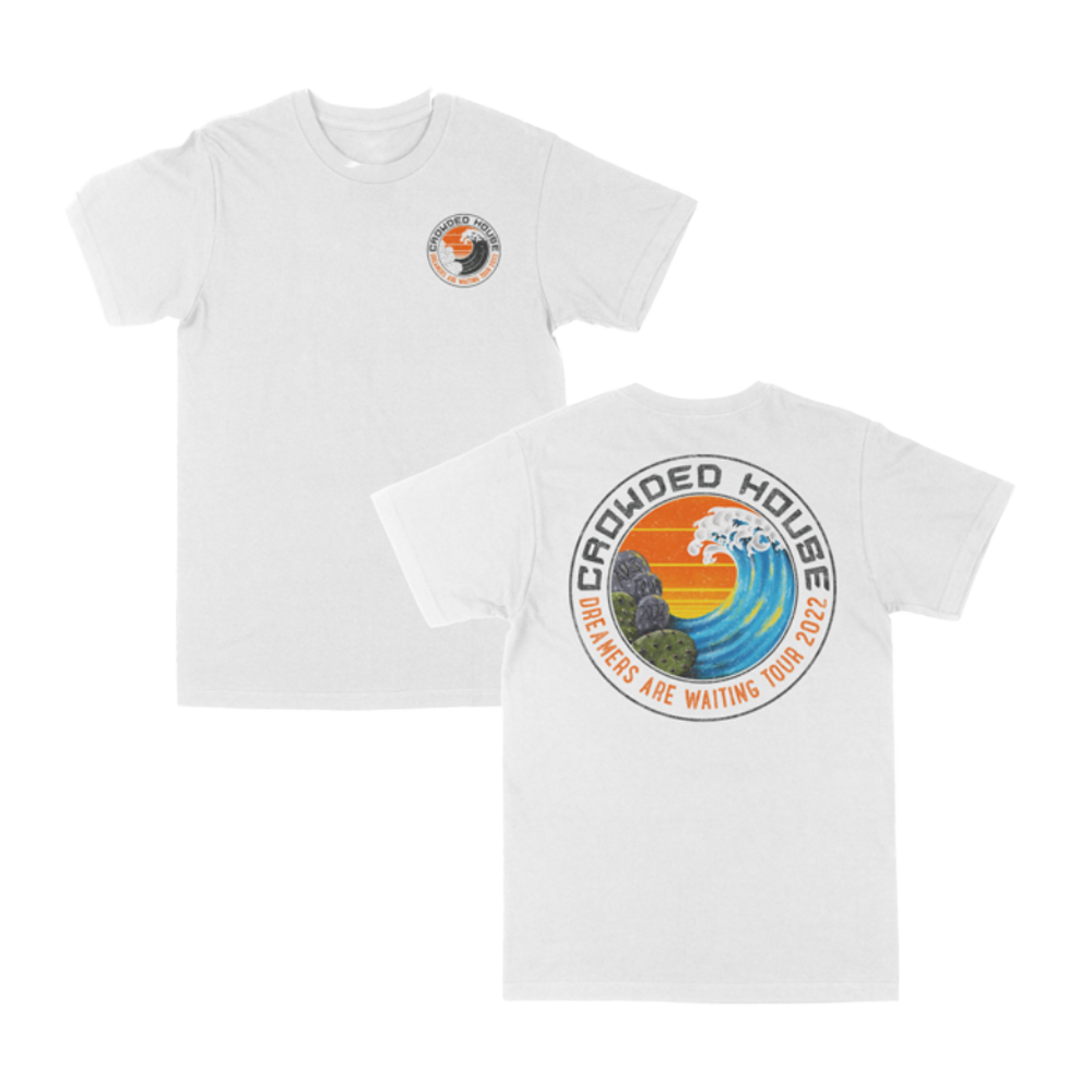 White t-shirt with small front chest logo and large back design featuring ocean wave, sunset, and "Dreamers Are Waiting Tour 2022