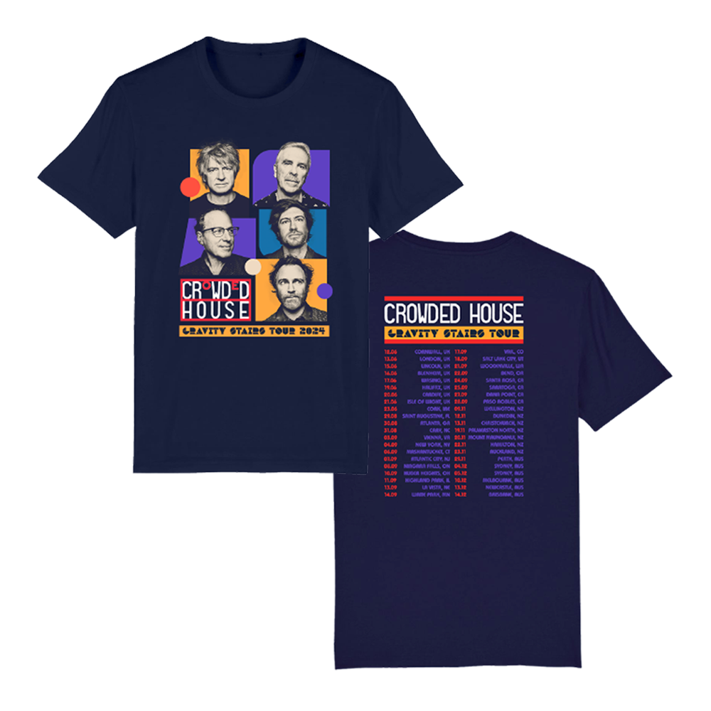 Double-sided navy tee with colorful band member portraits on the front and red/yellow tour schedule on the back.