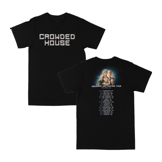 Black t-shirt with bold “Crowded House” text on front and 2023 tour dates with band photo and "Dreamers Are Waiting Tour" on the back. 